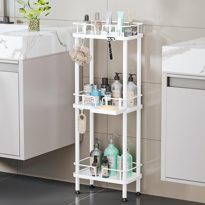 HapiRm Standing Corner Shower Caddy - 3 Tier Corner Shower Organizer with Soap Holder, Rustproof Stainless Steel Bathroom Shelf with 4 Hooks, White