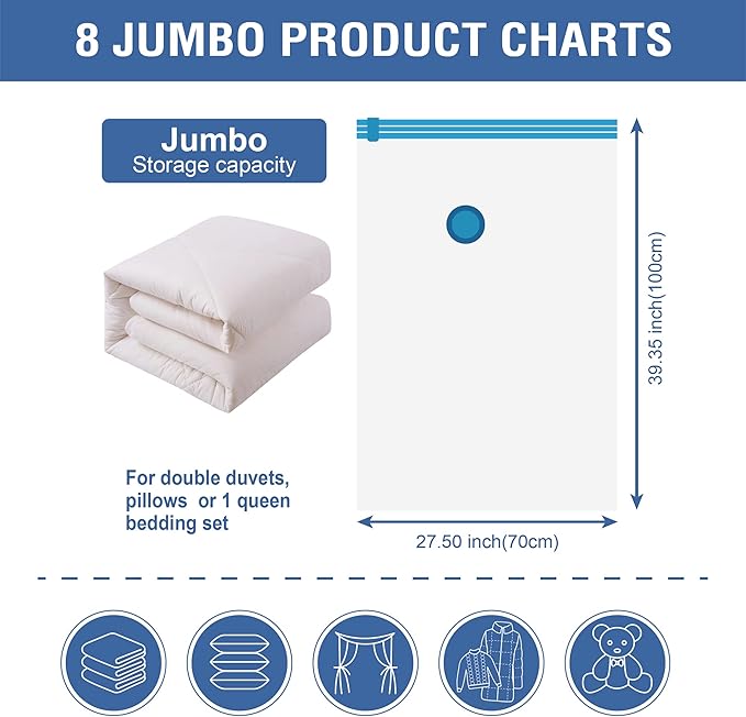 Cozy Essential 8 Jumbo Vacuum Storage Bags, Space Saver Bags Compression Storage Bags for Comforters and Blankets, Pillow, Bedding, Vacuum Sealer Bags for Clothes Storage