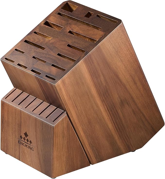 ENOKING 15 Slots Universal Knife Block, Acacia Wood Knife Block without Knives, Knife Holder for Kitchen Counter- Wider Angled Openings for Keeping Knives Sharp