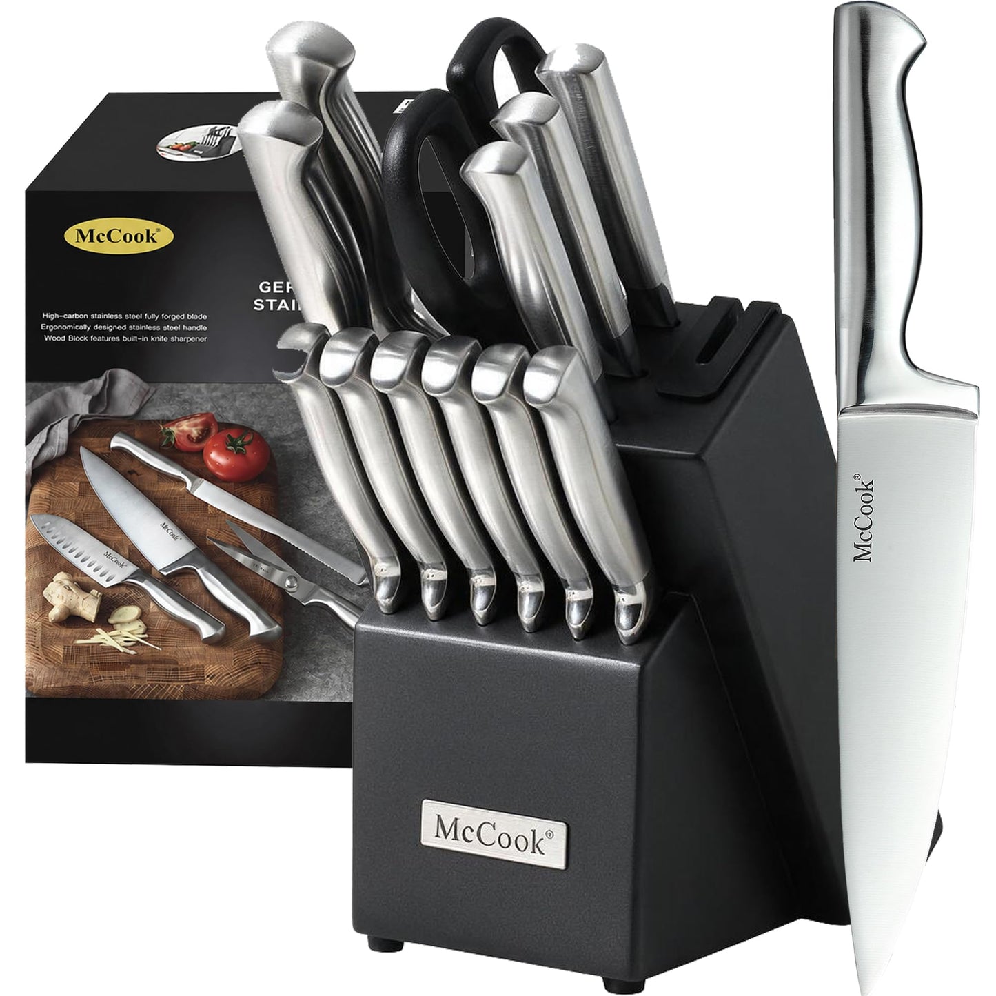 McCook® Kitchen Knife Sets, Golden Titanium Stainless Steel Knives Block Set with Built-in Sharpener, 20 Piece Knives, Restaurant Grade Sharp, Elegant Gold & Stylish Wooden Block for Modern Culinary