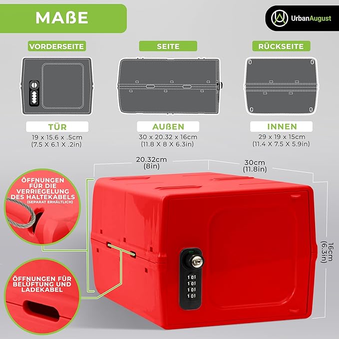 Urban August Dual Combination & Keyed Lockbox - Lockable Box for Everyday Use - Multi-Purpose lock for Home & Office Safety - Made of Industrial-Grade Plastic - One Size (Medical Red)