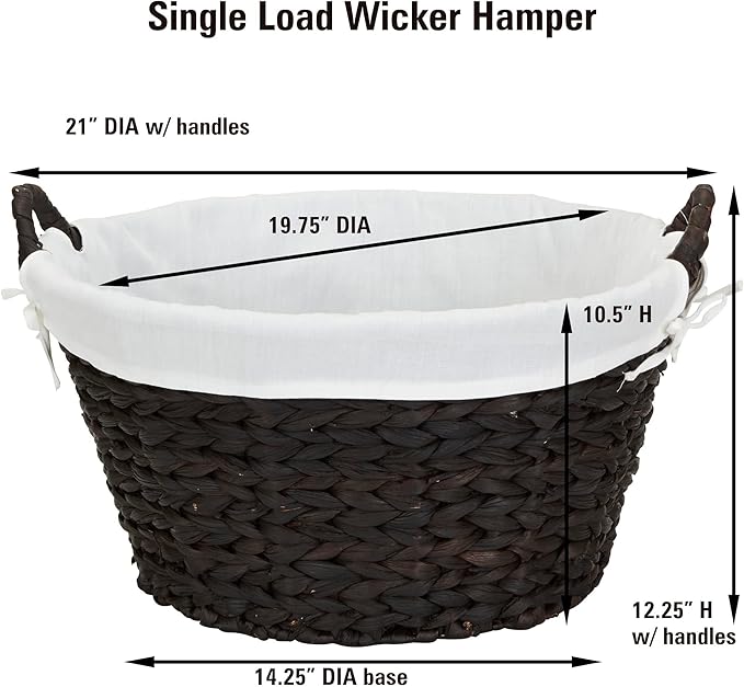 Household Essentials Round Wicker Laundry Basket with Handles, Whimsical Water Hyacinth Basket, Supportive Metal Frame, Removable Polyester Liner, Handwoven, Well-Structured and Versatile, Brown