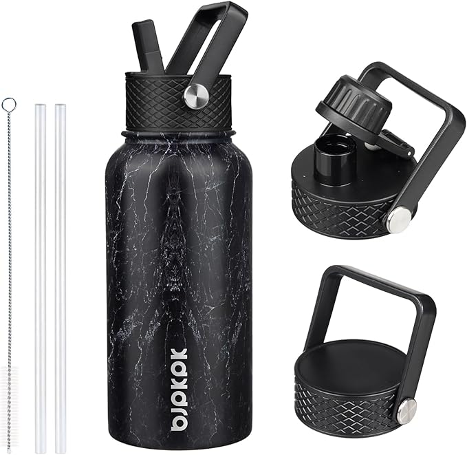 BJPKPK Insulated Water Bottles with Straw Lid, 27oz Stainless Steel Water Bottle with 3 Lids, Leak Proof BPA Free Metal Thermo, Mugs, Tumblers, Keep Cold Hot - Midnight