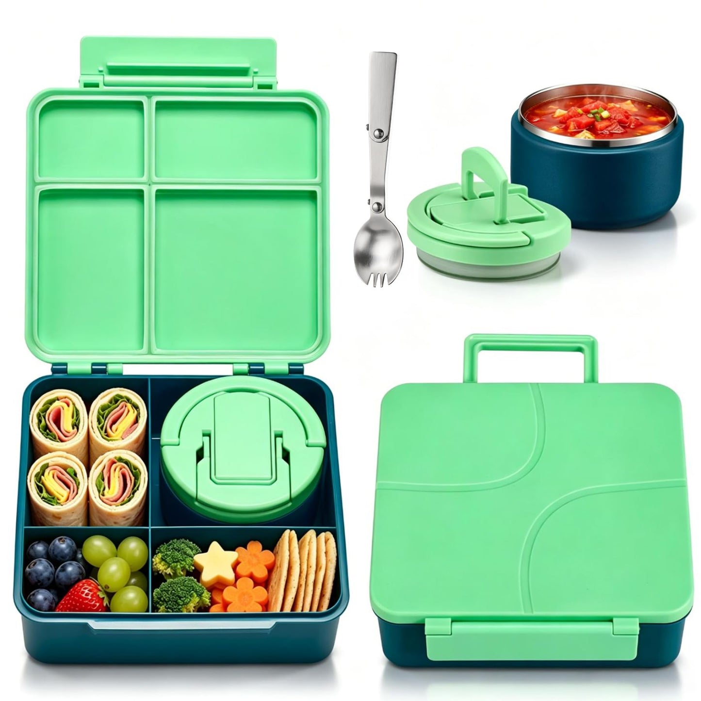Bento Lunch Box for Kids with 8oz Soup Thermo,Kids Leakproof Lunch Food Containers with 4 Compartment,Kid Insulated Thermo Hot Food Jar for School,Trvael-Green