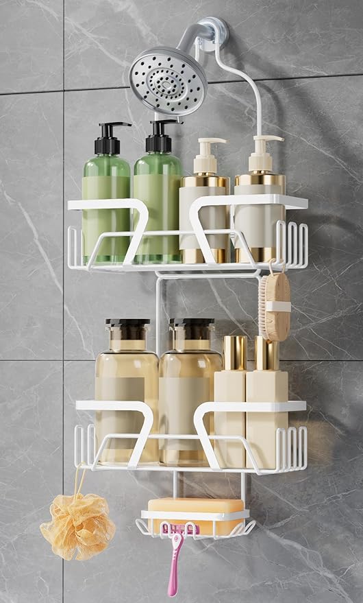 White Shower Organizer Hanging - 2 Over The Shower Head Caddies + Soap Dish, Stainless Steel Rust-Free Bath Organizer
