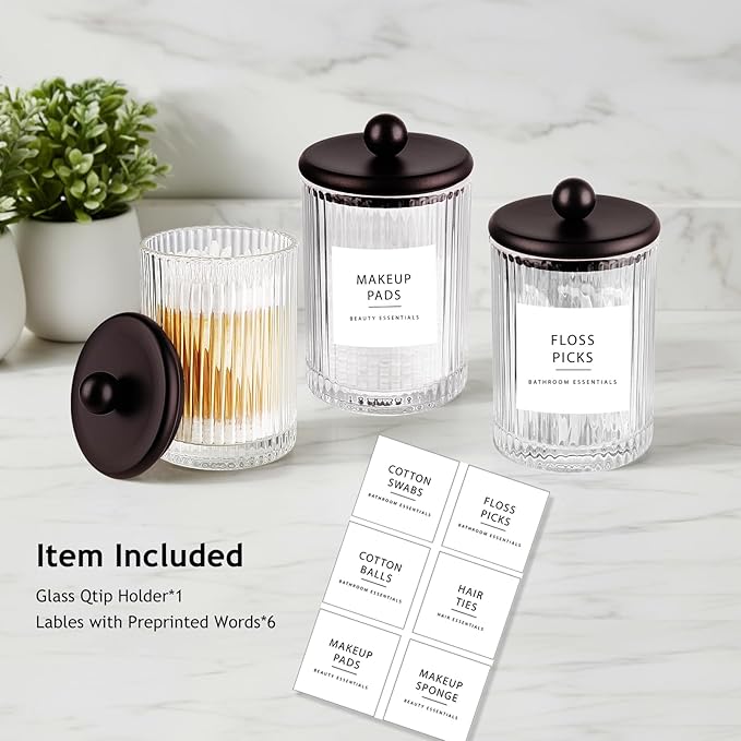 SheeChung 1-Pack Bronze Ribbed Glass Qtip Holder - Apothecary Jar Bathroom Organizer with Metal Lid - Small Vanity Canister for Cotton Swabs, Rounds, Floss Picks - Modern Luxury Decor