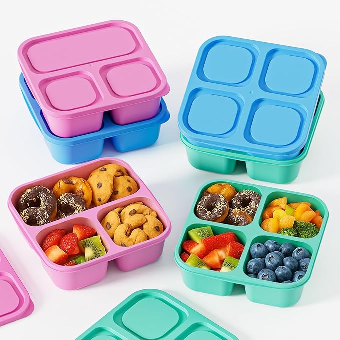 Canfanni 6 Pcs Snack Box Container Set, Reusable 3&4 Compartment Meal Prep Snack Containers for Adults Kids Toddler, BPA-Free Divided Lunchable Container for School, Work and Travel (5 Color)