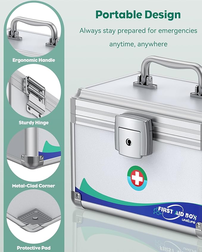 Uniclife Medicine Lock Box First Aid Box with Key Lock & Handle Portable Medication Lock Box Metal Lockable Medicine Storage Chest Security Lock Case for Medications, 10" x 6" x 6.5"