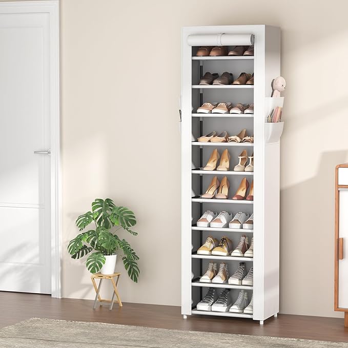 VTRIN Vertical Narrow Shoe Rack Organizer Tall Shoe Rack for Closet Entryway 10 Tier Non-Woven Cover Shoe Shelf Holds 20-22 Pairs Free Standing Shoe Storage Cabinet with Dustproof Cover, White