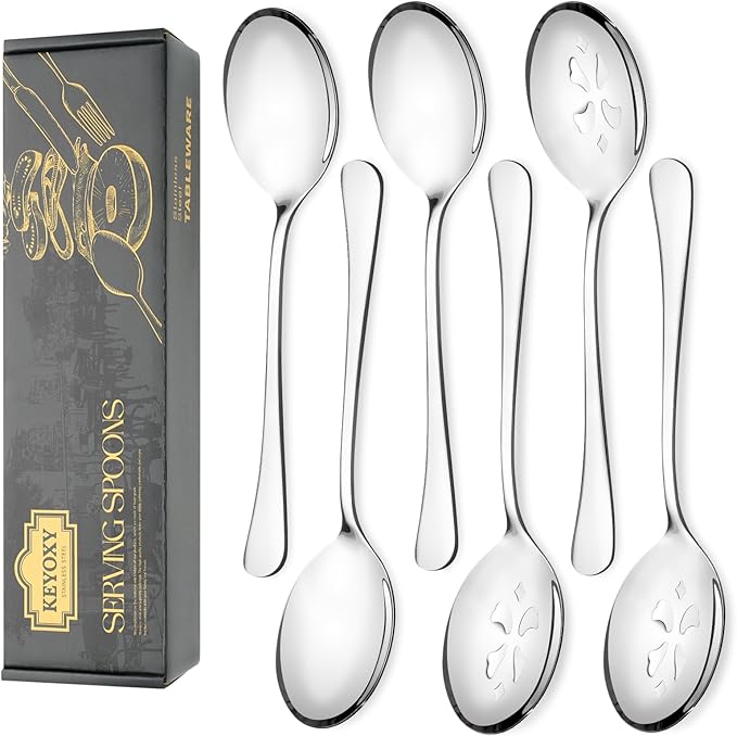 Keyoxy 6 Piece Stainless Steel Serving Spoon Set - 3 Large, 3 Slotted,Dishwasher Safe,10-Inch,for Parties/Kitchen/Buffet/Catering
