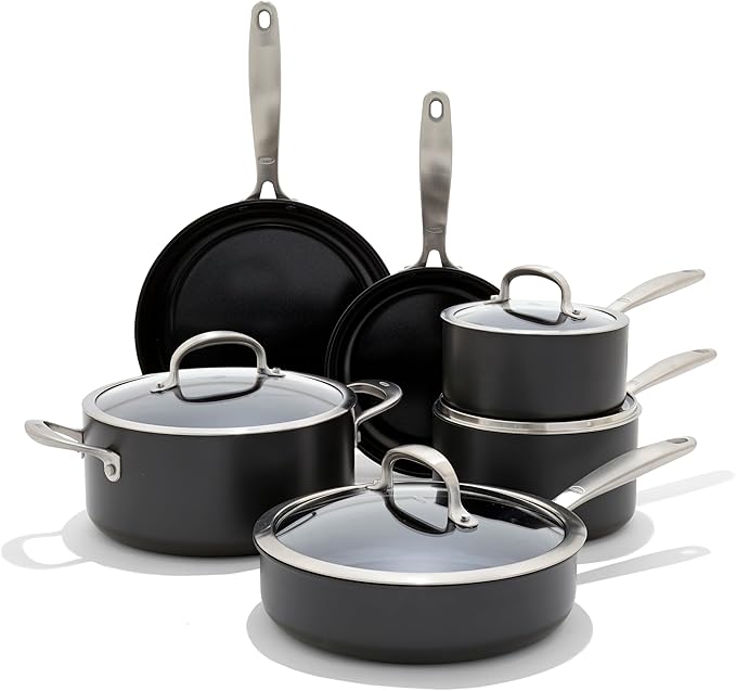 OXO Enhanced 8" and 10" Frying Pan Skillet Set, Healthy Ceramic Nonstick, PFAS-Free, Stainless Steel Handle, Dishwasher Safe, Oven Safe, Black