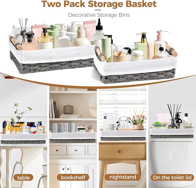 HomeHacks 2 Pack Storage Basket Paper Rope Baskets for Organizing with Handle Decorative Storage Bins for Countertop Toilet Paper Basket for Toilet Tank Top Large Baskets, Grey