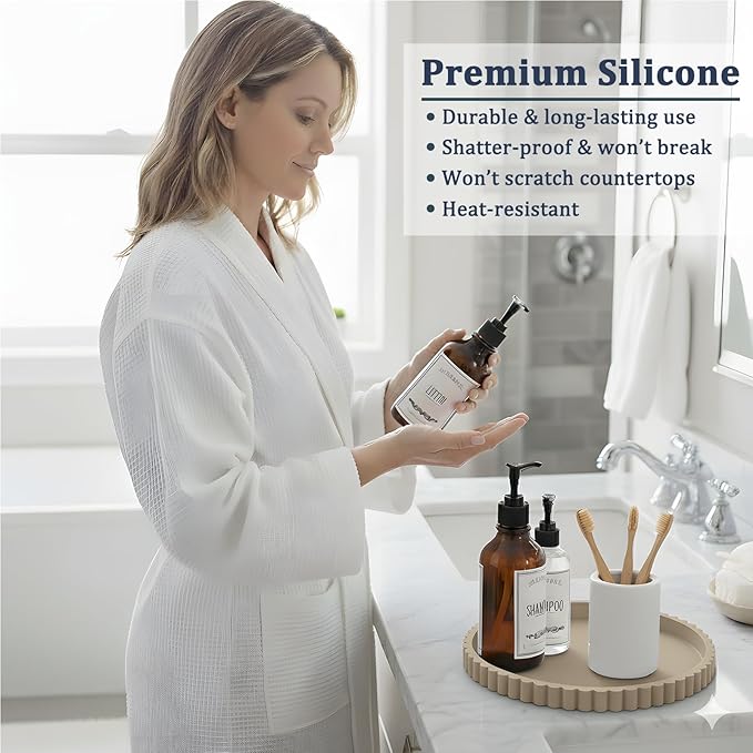 Silicone Bathroom Countertop and Vanity Tray, Round Silicone Bathroom Tray, Modern Bathroom Decor, Coffee Table Decor, Decorative Tray for Candle, Perfume, Plants (Khaki, 9 inch)