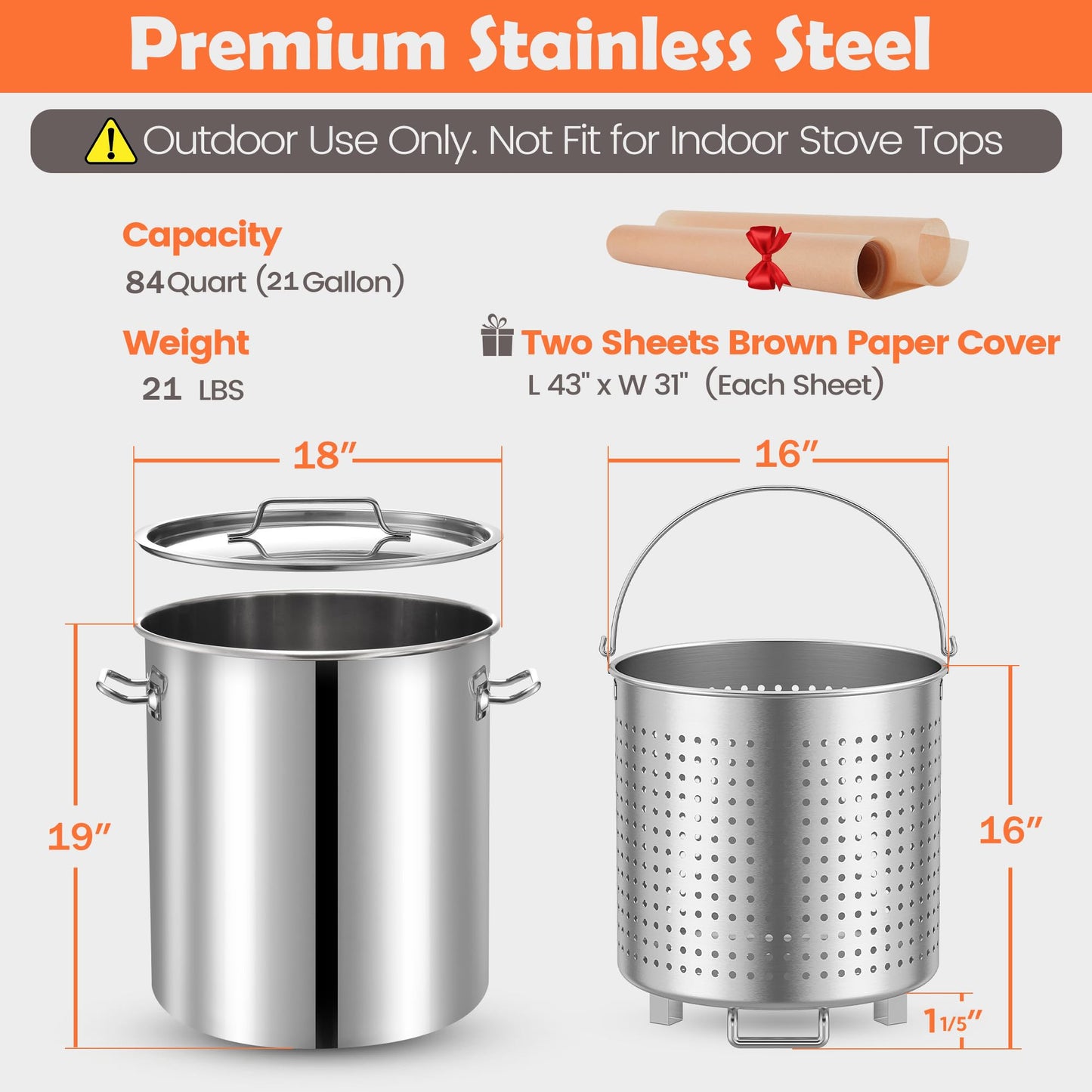 ARC 100QT Stainless Steel Seafood Boil Pot with Basket and Two Brown Paper