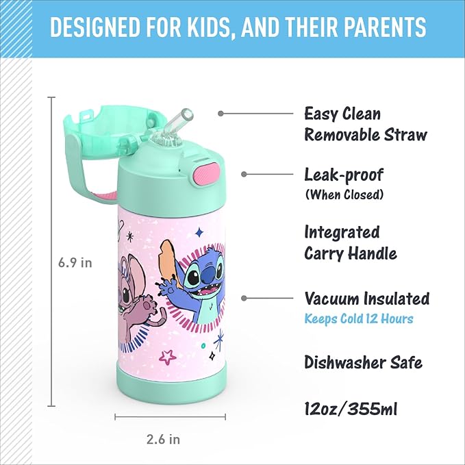 THERMOS FUNTAINER Water Bottle with Straw - 12 Ounce - Kids Stainless Steel Vacuum Insulated Water Bottle with Lid, Stitch