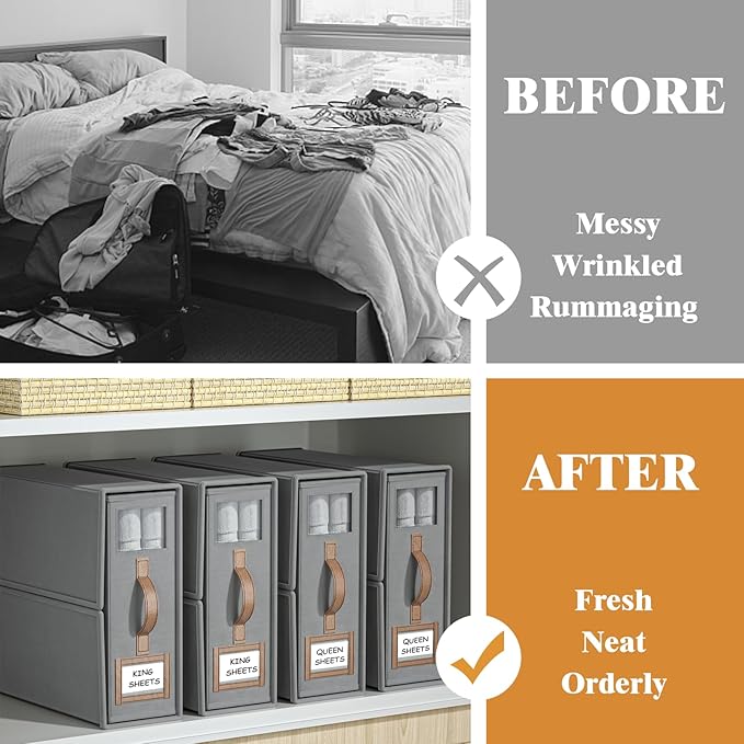 8 Pack Foldable Bed Sheets Set Organizers and Storage(King & Queen Size),Linen Fabric Closet Organizers with Window,Folding Bedding Storage Box for Bedsheets and Pillow Cube Organizer-Gray