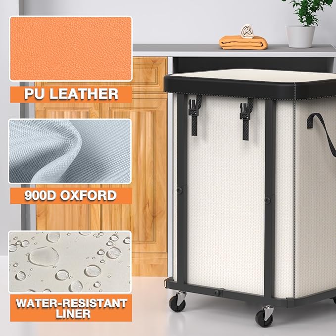 150L (40 Gal) Large Fashion Laundry Basket with Wheels, Leather Patchwork Rolling Hamper Carts, Sturdy Metal Frame, Removable Washable Bag, Tall Clothes Sorter for Bedroom, Laundry Room - Beige