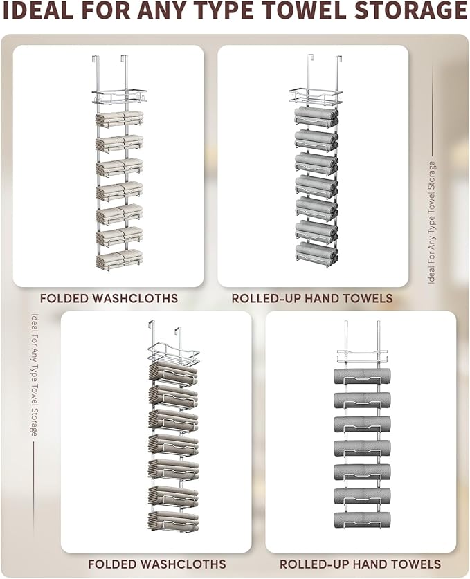 Hanging Towel Racks for Bathroom No Drill - Over The Door 8-Tier Bath Towel Storage Organizer for Small Bathrooms - Back Door Large Tiered Towel Holder Hanger for Rolled Towels RV Camper Silver