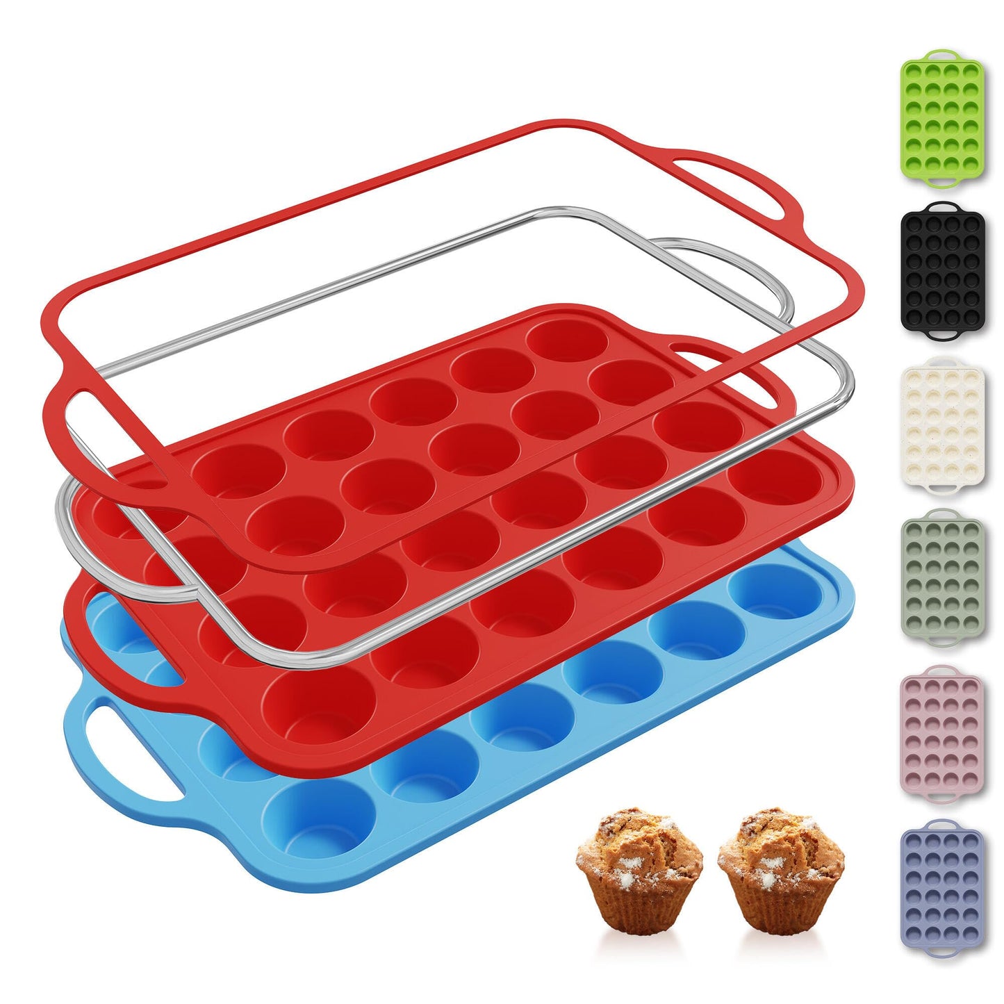 2 Packs 12 Cups Silicone Muffin Pan for Baking with Metal Reinforced Frame Regular Size Cupcake Pan Tray Chocolate Egg Pizza Bites Oven Top Cookie Molds Muffin Tin Tart Pans Sheet Set Bakeware Liner