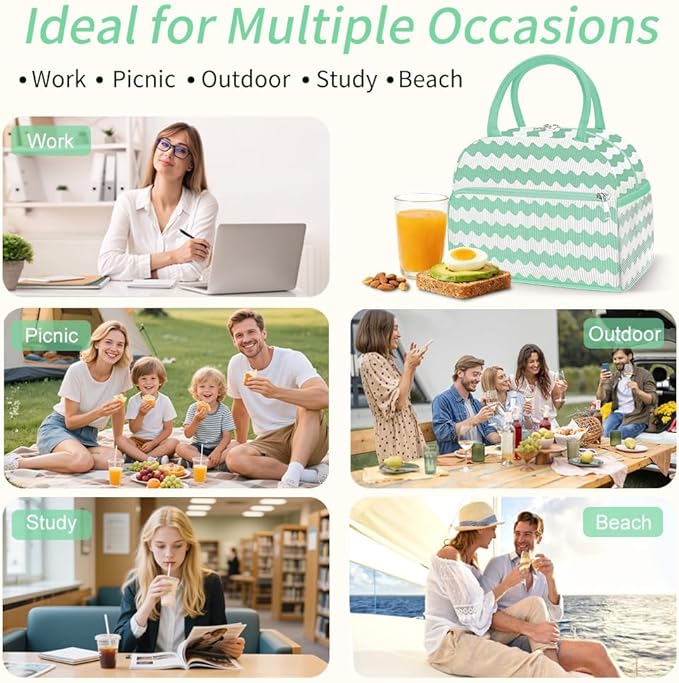 Coobiiya Lunch Bag for Women Men, Cute Lunch Tote Bags Insulated Reusable LunchBox Large Capacity Cooler Bag for Work Travel Picnic Green white