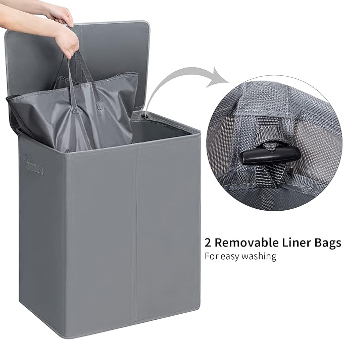 WOWLIVE 154L Double Laundry Hamper with Lid and Removable Laundry Bags, Large Dirty Clothes Hamper 2 section Collapsible Laundry Basket Dorm Room Storage for Bedroom, Bathroom, College,Grey