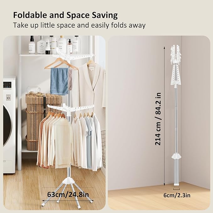 SUYU Clothes Drying Rack,Folding Clothes Drying Tree, 2 Layer with 24 Clips and 3 Rotatable Arms,66.9-Inch Indoor Clothes Rack,Stainless Steel,4 Legs,White and Silver SNJ102