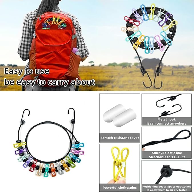 Retractable Portable Clothesline for Travel，Clothing line with 12 Clothes Clips，for Indoor and Outdoor Laundry Drying line，Outdoor Camping Accessories (2 Pack)