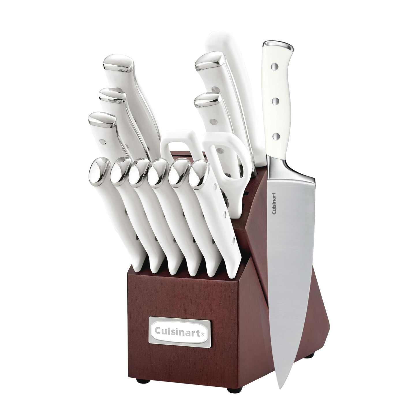 Cuisinart 15-Piece Knife Set with Block, High Carbon Stainless Steel, Forged Triple Rivet, White, C77WTR-15P