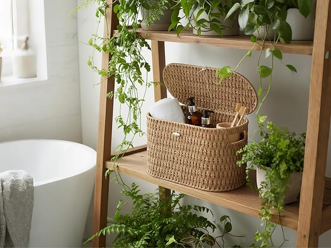 Toilet Paper Basket with Lid,Paper Rope Decor Basket for Bathroom Organizers and Storage,Holds Up to 6 Mega Rolls,Decorative Hand-Woven Bathroom Bedroom Living Room Decor