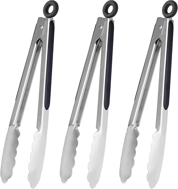 HINMAY Silicone Tipped Tongs 9" Kitchen Cooking Tongs, Set of 3 (Yellow)