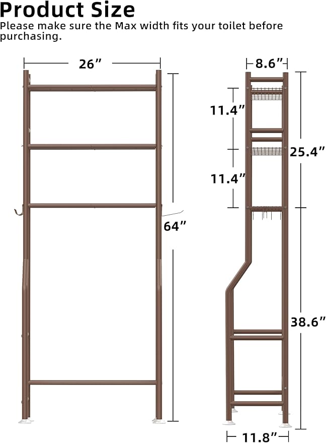 3-Tier Over The Toilet Storage, Freestanding Metal Bathroom Shelves with 4 Hooks, Over Toilet Storage Shelf with Paper Holder, Above The Toilet Shelf for Bathroom Storage, Bronze