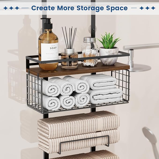 Towel Racks for Bathroom Over The Door Towel Racks Towel Storage Organizer with Metal Shelf Basket for Bathroom Rv Camper (7-Tier Black with Brown Plank)