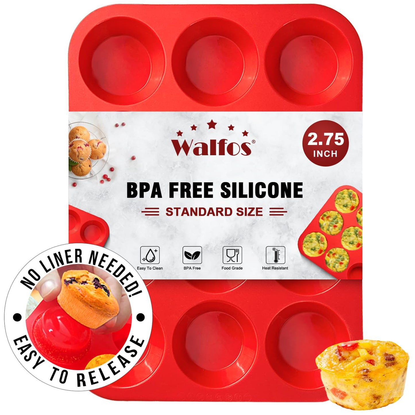 Walfos Silicone Muffin Pan - 12 Cups Regular Silicone Cupcake Pan, Non-stick Great for Making Muffin Cakes, Tart, Bread - BPA Free and Dishwasher Safe