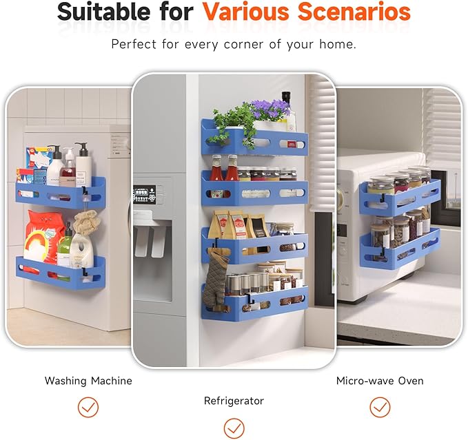 4 Pack Strong Magnetic Spice Rack for Refrigerator, Multipurpose Magnetic Shelf for Fridge with 4 Hooks for kitchen and Bathroom Organization, Blue