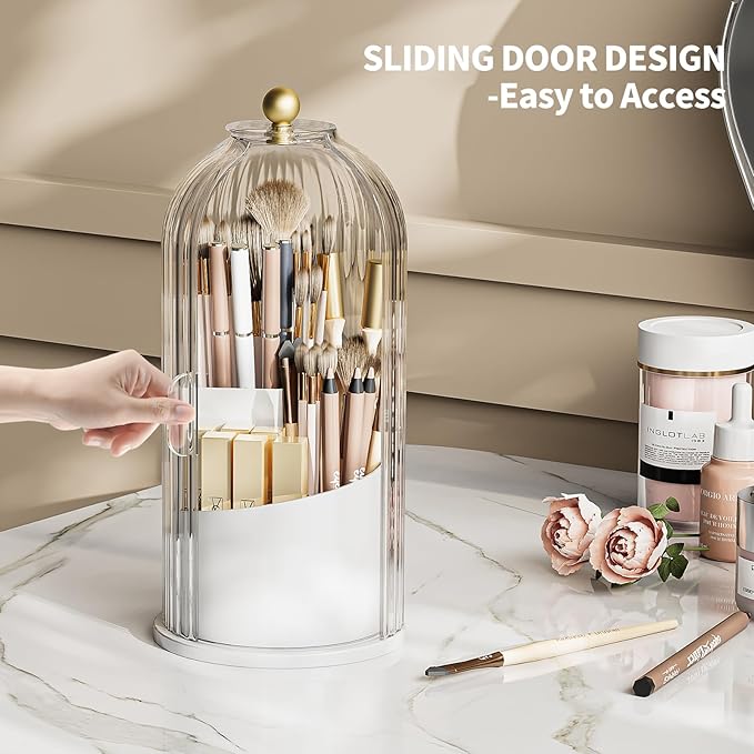Makeup Brush Holder Organizer with Lid, 360 Rotating Make up Brush Holder with Cover, Dustproof Makup Brush Storage for Vanity Bathroom Countertop, Covered Toothbrush Holder, Clear Grey