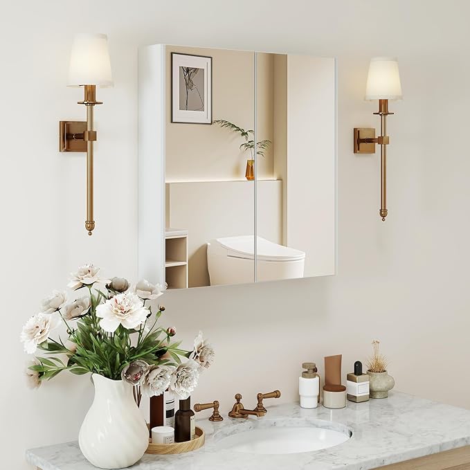Tangkula Mirrored Medicine Cabinet, Bathroom Wall Hanging Cabinet with Double Mirrored Doors & Adjustable Shelf, Wall-Mounted Bathroom Storage Organizer, White, 24.5 x 4.5 x 25.5 Inches