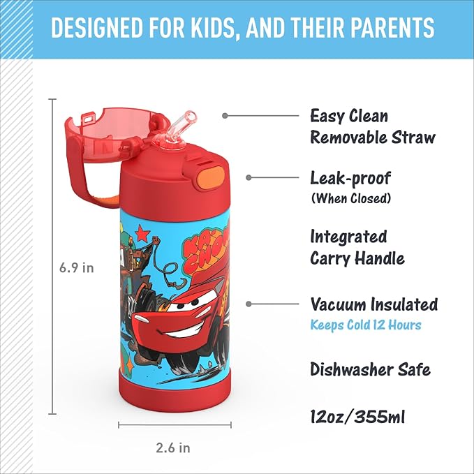 THERMOS FUNTAINER Water Bottle with Straw - 12 Ounce - Kids Stainless Steel Vacuum Insulated Water Bottle with Lid, Cars