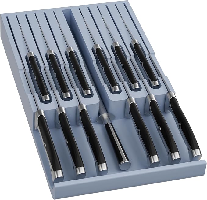 Domax Knife Drawer Organizer Insert Bamboo for 12 Knives, Gray