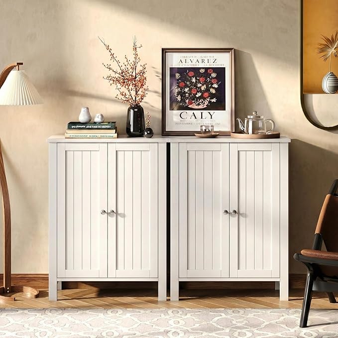 Bonnlo Bathroom Cabinet Free Standing Floor Storage with Double Door Adjustable Shelf Space Saver Decorative Modern Bathroom Furniture White
