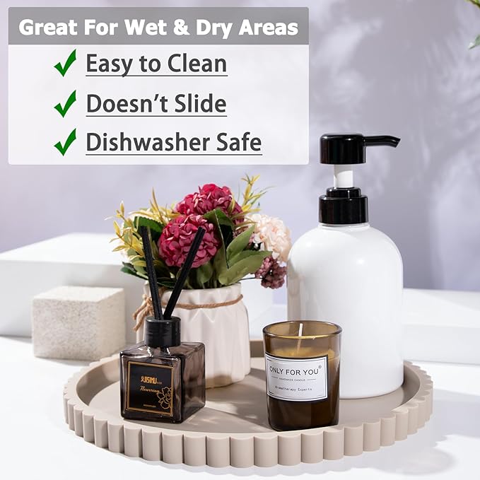 Silicone Bathroom Countertop and Vanity Tray-10 Inch Round Silicone Bathroom Tray, Modern Bathroom Decor, Coffee Table Decor, Decorative Tray for Candle, Perfume, Plants (Khaki)