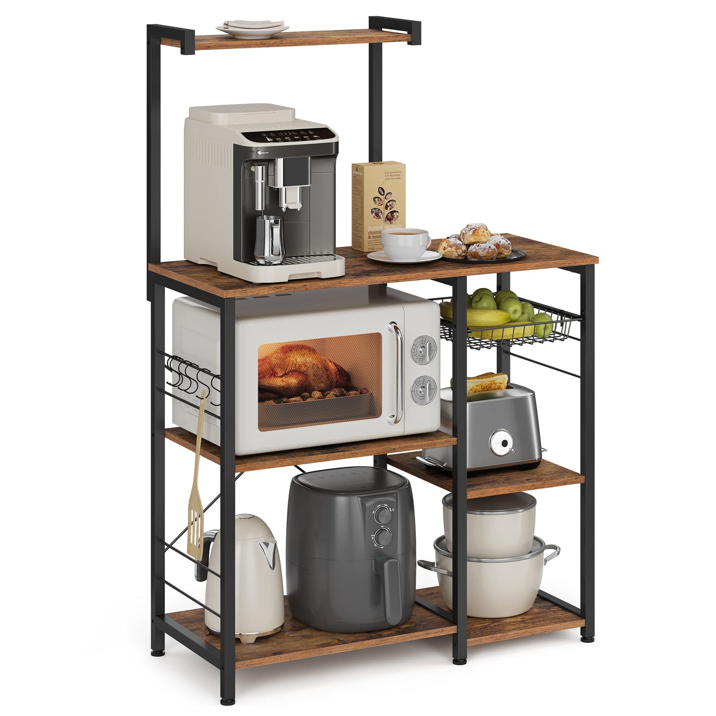 VASAGLE Baker's Rack, 35.4 Inches Microwave Stand with Wire Basket, 8 Hooks