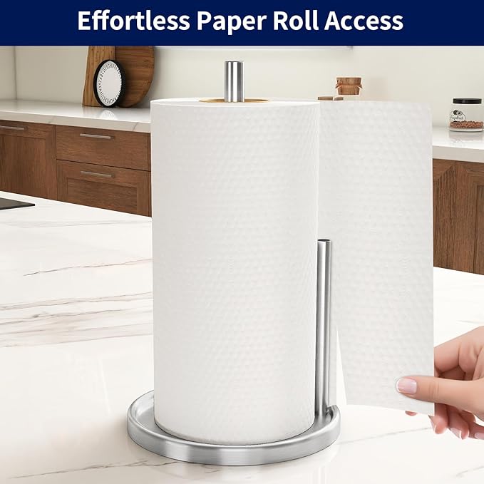 Paper Towel Holder Countertop, Silver Kitchen Paper Towels Holder, Paper Roll Holder with Weighted Base