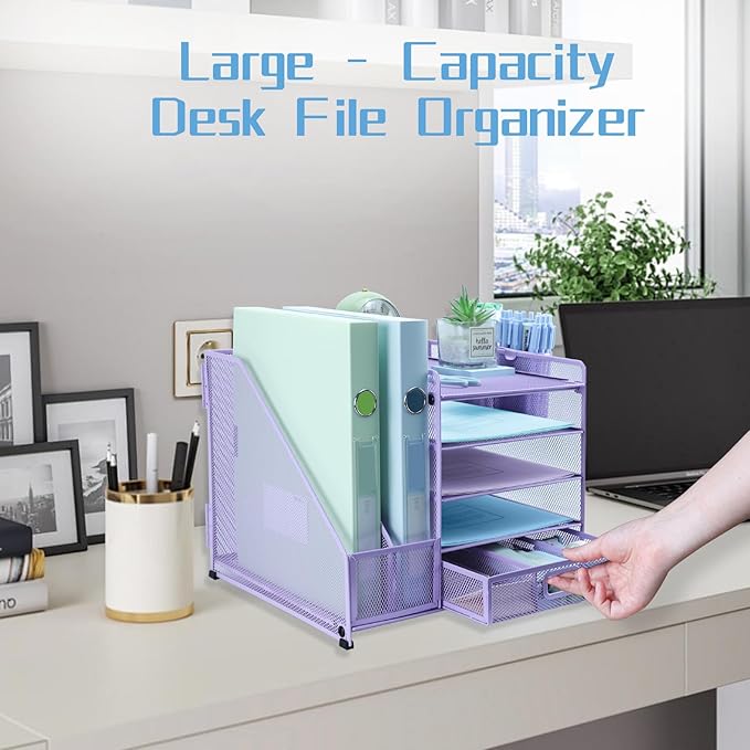Desk Organiser File Holder With 2 Pen Holder, 5 Tier Paper Letter Tray Organiser with Drawer,Mesh Desktop Storage with Magazine Holder for Office Supplies, Purple
