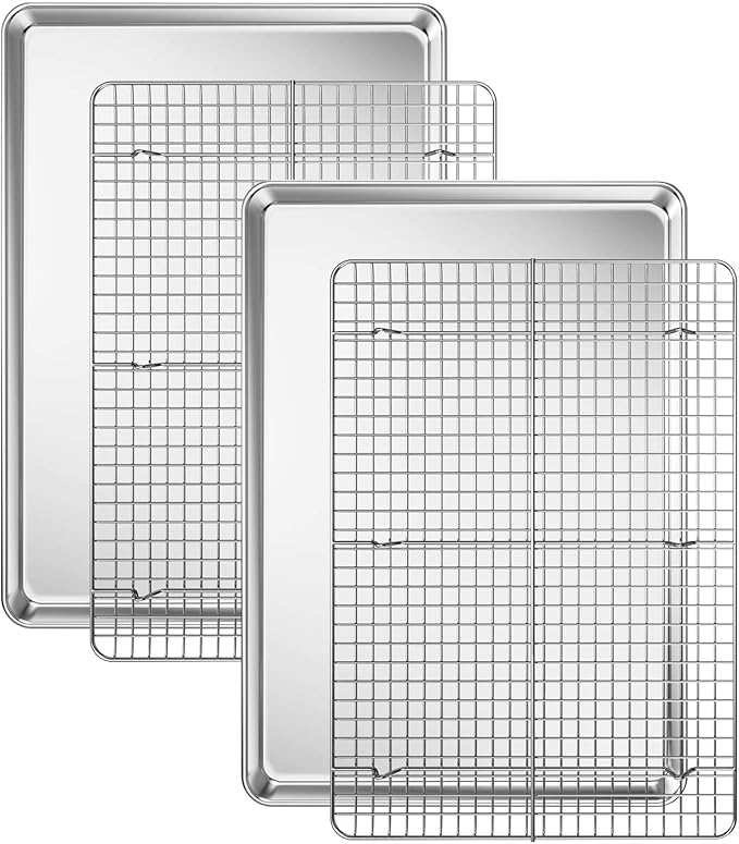 Baking Sheet with Cooling Rack Set [2 Sheets + 2 Racks], Deedro Stainless Steel Cookie Sheet Baking Pan Half Sheets Oven Tray with Rack, 10 x 8 x 1 Inch, Heavy Duty, Non-toxic, Dishwasher Safe