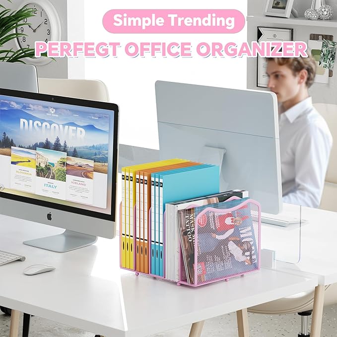 Simple Trending Mesh Desktop File Sorter Organizer, 5-Section Bookshelf for Desk Home Office, Pink