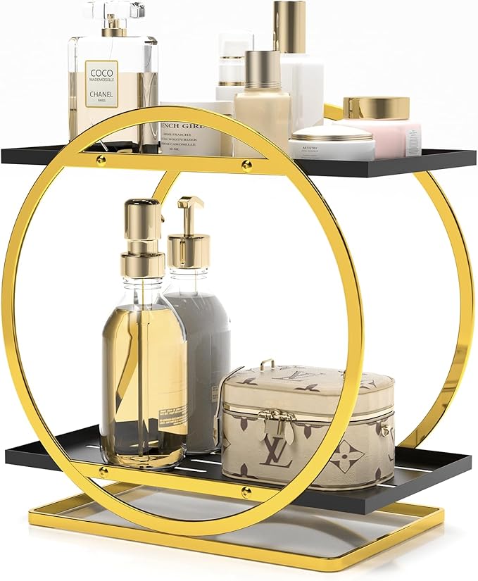 2 Tier Perfume Organizer for Dresser, Black Gold Perfume Makeup Perfume Stand Organizer for Vanity, Cosmetics Ideal Gift for Perfume Lovers - Gold