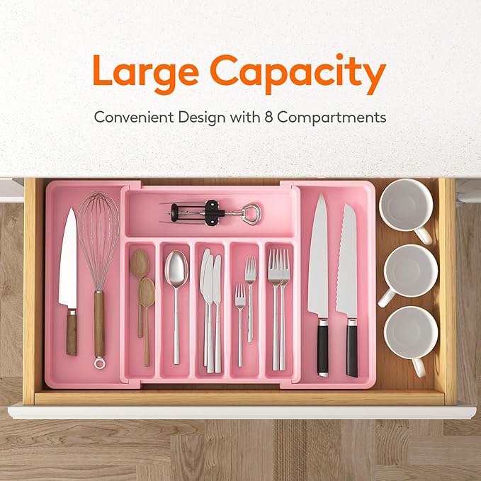 Lifewit Silverware Drawer Organizer, Expandable Utensil Tray for Kitchen, BPA Free Flatware and Cutlery Holder, Adjustable Plastic Storage for Spoons Forks Knives, 13-22 x 15", Pink