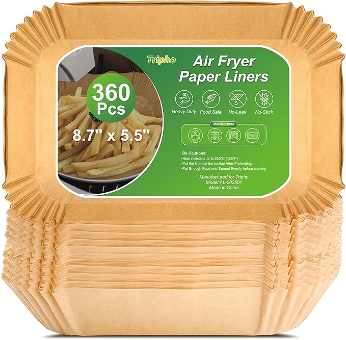 360 Pcs 8.7" x 5.5" Square Air Fryer Paper Liners Disposable Unbleached Heavy Duty