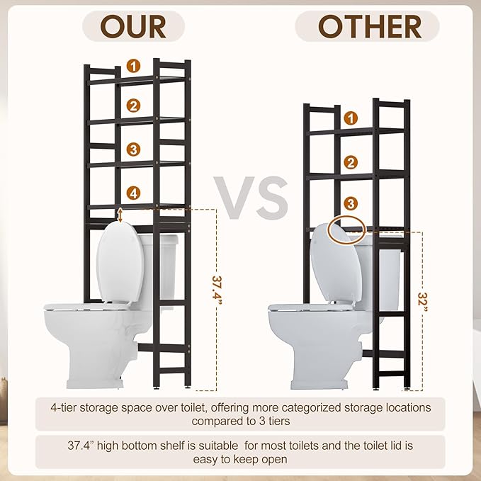 Over The Toilet Storage with 2 Baskets, 4-Tier Bamboo Organizer Rack with Paper Holder & 4 Hooks & Waterproof Feet Pad,Freestanding Shelf for Bathroom(Brown)