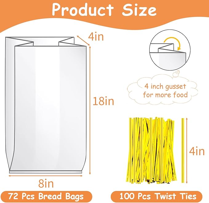 Bread Bags with Ties, 72 Pack Clear Bread Bags for Homemade Bread and 100 Ties, Adjustable Reusable Plastic Bread Bags, Bread Loaf Bags for Home Bakers and Bakery Owners